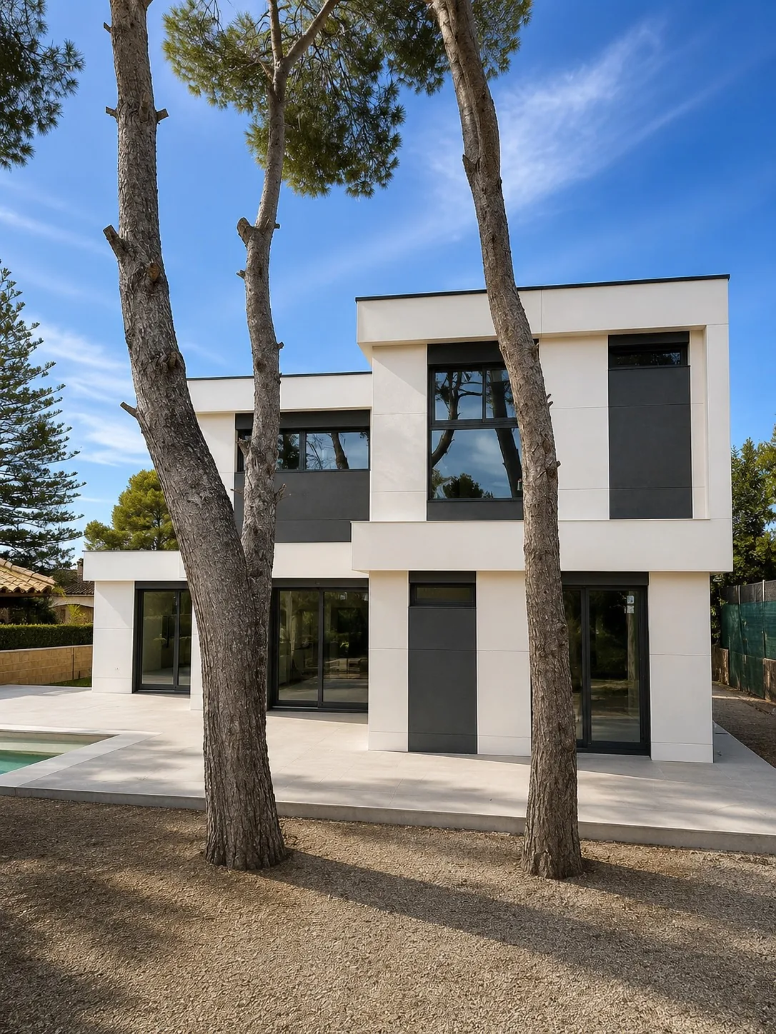 La Homi La Eliana entre pinos, con la piscina y la terraza de gres